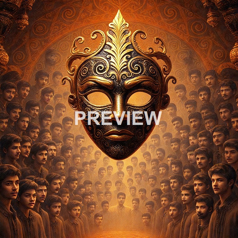 A large, ornate black and gold theatrical mask with intricate swirling patterns floats above a crowd of young men dressed in brown shirts, all set against an elaborate, warm-toned background.